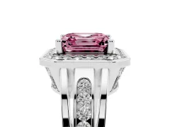 Fancy Pink Asscher Cut Diamond Halo Ring Set in Silver with Pavé and Bezel Accent Split Shank