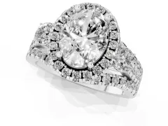 Oval Cut Diamond Halo Split Shank Ring Set in Platinum with Round Accent Stones and Prong Setting