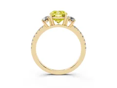 Fancy Yellow Cushion Cut Diamond Three-Stone Ring Set in Yellow gold with Pavé Band and Graduated Sides