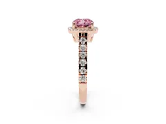 Fancy Pink Cushion Cut Diamond Halo Engagement Ring Set in Rose gold with Pavé Band and Prong-Set Center
