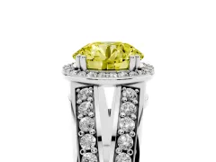 Fancy Yellow Round Cut Diamond Halo Ring Set in White gold with Double Pavé Split Shank