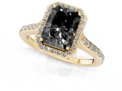 Fancy Black Radiant Cut Diamond Halo Engagement Ring Set in Yellow gold with Round Pavé Shoulders and Heart Gallery