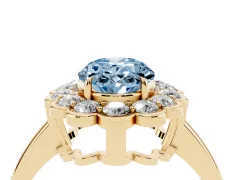 Fancy Blue Oval Cut Diamond Halo Cluster Engagement Ring Set in Yellow gold with Solitaire Band and Prong Setting