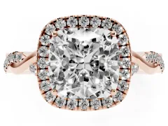 Cushion Cut Diamond Halo Twist Band Solitaire Ring Set in Rose gold with Prong Setting