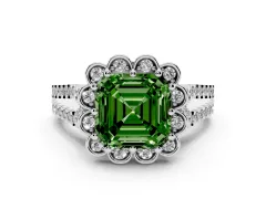 Fancy Green Asscher Cut Diamond Floral Halo Split Shank Engagement Ring Set in Silver with Pavé Shank