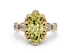 Fancy Yellow Marquise Cut Diamond Floral Halo Ring Set in Yellow gold with Shared Prong Band