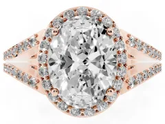 Oval Cut Diamond Halo Split Shank Pavé Ring Set in Rose gold with Prong Setting