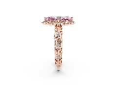 Fancy Pink Marquise Cut Diamond Halo Ring Set in Rose gold with Filigree Leaf Band and Prong Setting