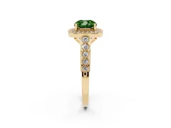 Fancy Green Cushion Cut Diamond Milgrain Halo Solitaire Ring Set in Yellow gold with Bezel Set Side Stones and Pavé Band