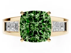 Fancy Green Cushion Cut Diamond Solitaire Ring Set in Yellow gold with Channel-Set Accent Stones and Prong Setting