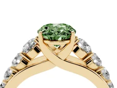 Fancy Green Oval Cut Diamond Solitaire Ring Set in Yellow gold with Pavé-Set Band and Prong Setting