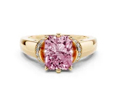 Fancy Pink Radiant Cut Diamond Pavé Band Solitaire Ring Set in Yellow gold with Prong Setting