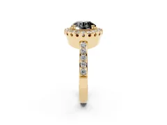 Fancy Black Round Cut Diamond Halo Ring Set in Yellow gold with Pavé Shank and Prong Setting