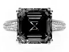 Fancy Black Asscher Cut Diamond Split Shank Pavé Engagement Ring Set in White gold with Prong-Set Center Stone