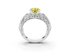 Fancy Yellow Round Cut Diamond Art Deco Ring Set in White gold with Pavé Split Shank
