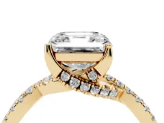 Asscher Cut Diamond Twist Pavé Solitaire Engagement Ring Set in Yellow gold with Prong Setting