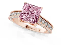Fancy Pink Princess Cut Diamond Solitaire Ring Set in Rose gold with Milgrain-Edged Pavé Band and Prong Setting