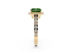 Fancy Green Radiant Cut Diamond Halo Engagement Ring Set in Yellow gold with Pavé Band and Prong-Set Center