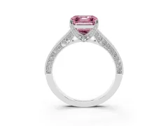 Fancy Pink Asscher Cut Diamond Solitaire Ring Set in Silver with Milgrain-Edged Pavé Band and Prong Setting