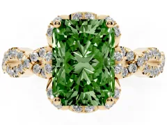 Fancy Green Radiant Cut Diamond Halo Twist Band Solitaire Ring Set in Yellow gold with Prong-Set Center Stone