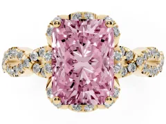 Fancy Pink Radiant Cut Diamond Halo Twist Band Solitaire Ring Set in Yellow gold with Prong-Set Center Stone