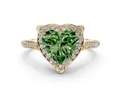 Fancy Green Heart Cut Diamond Halo Ring Set in Yellow gold with Pavé-Lined Shoulders and Prong Setting