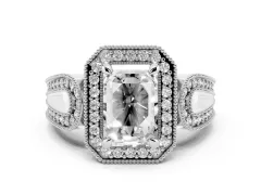 Emerald Cut Diamond Halo Ring Set in Platinum with Milgrain Accent Split Shank
