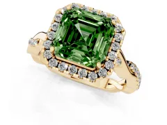 Fancy Green Asscher Cut Diamond Halo Twist Band Solitaire Ring Set in Yellow gold with Prong Setting