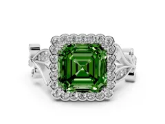 Fancy Green Asscher Cut Diamond Halo Ring Set in Silver with Leaf Motif Split Shank and Prong Setting