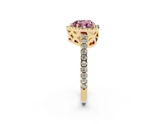Fancy Pink Heart Cut Diamond Halo Ring Set in Yellow gold with Pavé Shoulders and Halo-Framed Center