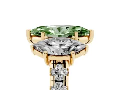 Fancy Green Marquise Cut Diamond Three-Stone Ring Set in Yellow gold with Pavé Band