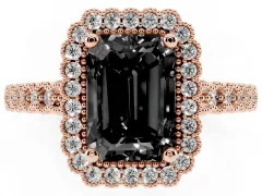 Fancy Black Radiant Cut Diamond Halo Ring Set in Rose gold with Pavé Milgrain Band