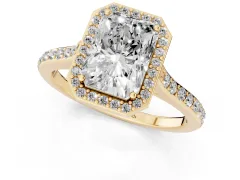 Radiant Cut Diamond Halo Engagement Ring Set in Yellow gold with Round Pavé Shoulders and Heart Gallery