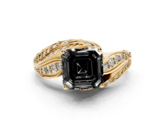 Fancy Black Asscher Cut Diamond Solitaire Ring Set in Yellow gold with Layered Twist Pavé Band