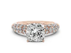 Cushion Cut Diamond Pavé Band Solitaire Ring Set in Rose gold with Close-Set Accent Stones and Prong Setting