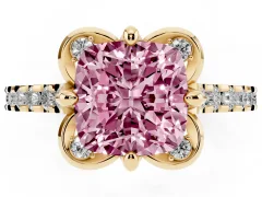 Fancy Pink Cushion Cut Diamond Solitaire Ring Set in Yellow gold with Pavé Band and Floral Prong Setting