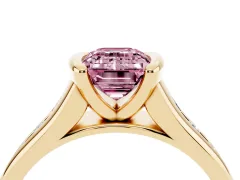 Fancy Pink Emerald Cut Diamond Bezel-Set Solitaire Ring Set in Yellow gold with Channel-Set Band