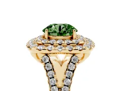 Fancy Green Round Cut Diamond Double Halo Ring Set in Yellow gold with Pavé Split Shank and Prong Setting