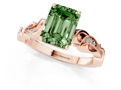 Fancy Green Emerald Cut Diamond Vine Band Solitaire Ring Set in Rose gold with Milgrain Prong Setting