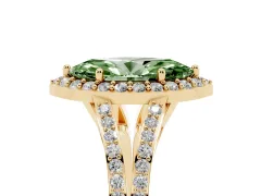 Fancy Green Marquise Cut Diamond Halo Split Shank Pavé Ring Set in Yellow gold with Prong Setting