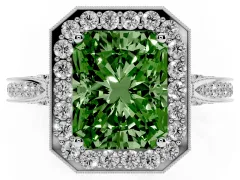 Fancy Green Radiant Cut Diamond Halo Engagement Ring Set in Silver with Accent Split Shank Band