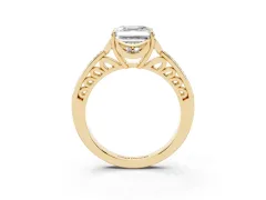 Asscher Cut Diamond Halo Ring Set in Yellow gold with Channel Set Band and Prong Setting