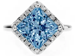 Fancy Blue Princess Cut Diamond Halo Engagement Ring Set in Platinum with Pavé Band and Rising Shoulders