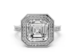 Asscher Cut Diamond Halo Milgrain Pavé Band Ring Set in Platinum with Prong Setting