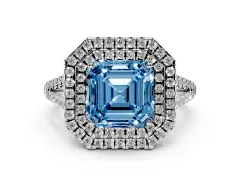 Fancy Blue Asscher Cut Diamond Double Halo Ring Set in White gold with Pavé Band