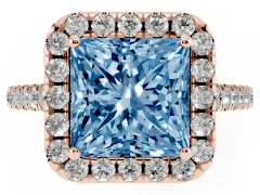 Fancy Blue Princess Cut Diamond Pavé Halo Engagement Ring Set in Rose gold with Pavé Band and Prong Setting