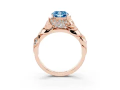 Fancy Blue Cushion Cut Diamond Leaf-Inspired Engagement Ring Set in Rose gold with Round Accents