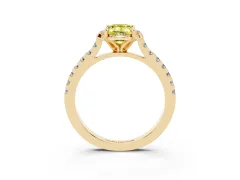 Fancy Yellow Emerald Cut Diamond Solitaire Ring Set in Yellow gold with Pavé Band and Floral Prong Setting