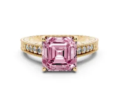 Fancy Pink Asscher Cut Diamond Solitaire Pavé Milgrain Engagement Ring Set in Yellow gold with Prong Setting