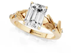 Emerald Cut Diamond Solitaire Ring Set in Yellow gold with Leaf Motif Band